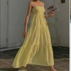 ZARA Boho Cotton Sleeveless Tiered Midi Dress Yellow M